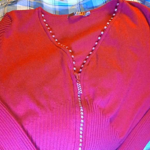 Red beautiful ribbed rhinestone sweater Belldini Size L - Picture 2 of 7